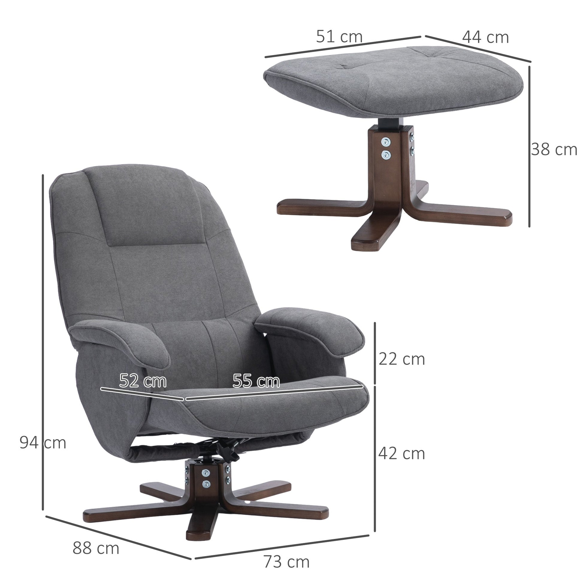 Linen Swivel Recliner Chair with Footstool, Upholstered Reclining Armchair with Wooden Base for Living Room, Grey-2