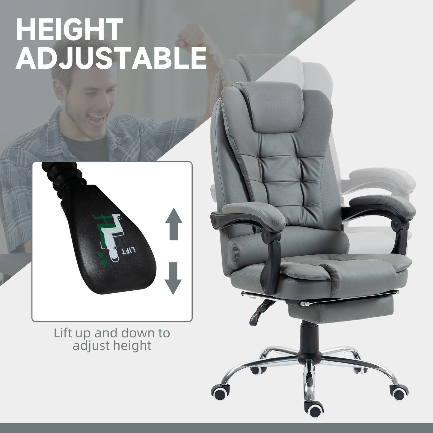 HOMCOM Executive Leather Office Chair, PU Home Office Chair with Swivel Wheels, Reclining Backrest, Retractable Footrest in Grey-2