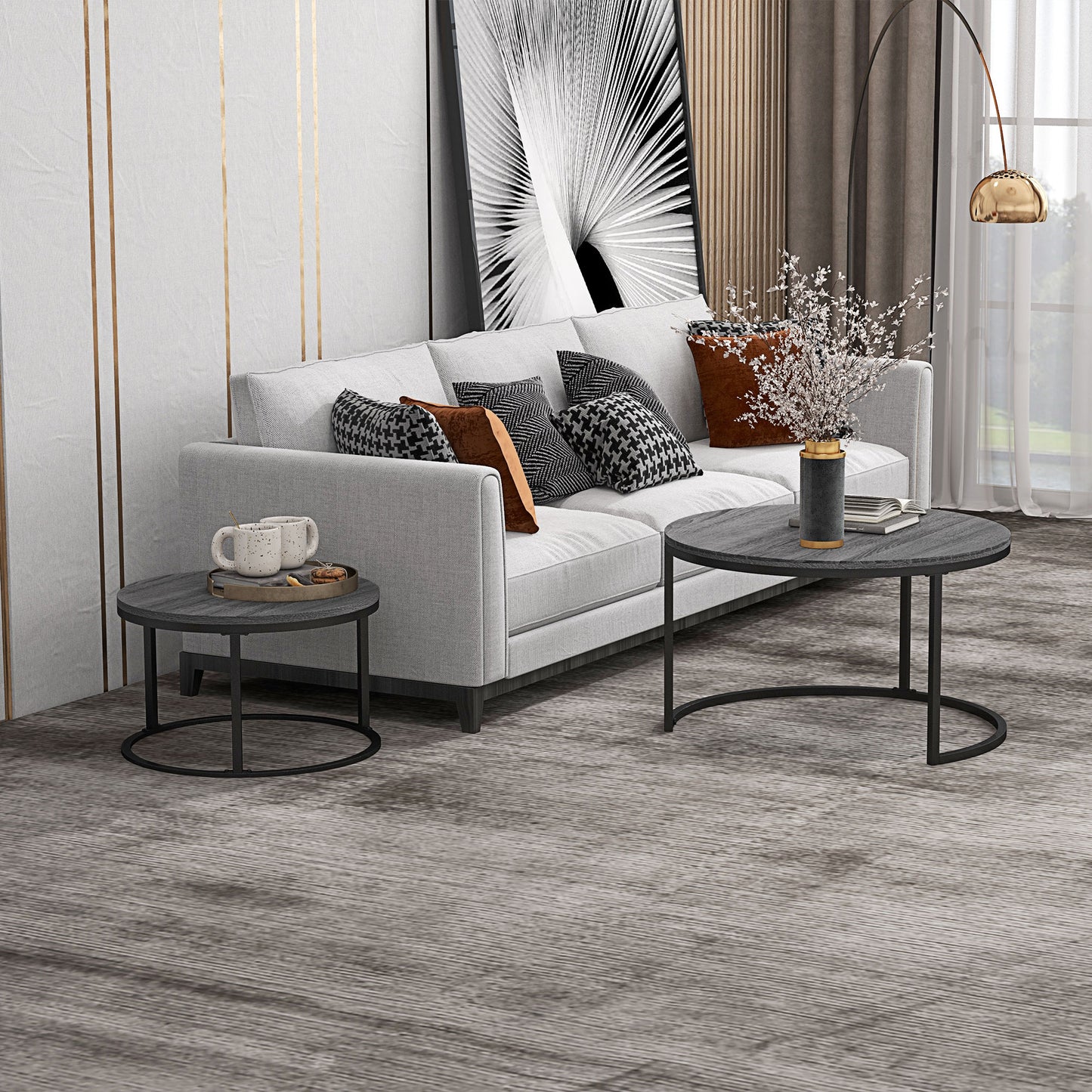 Industrial Nesting Coffee Table Set of 2, Round Coffee Tables, Living Room Table with Wood Effect Top and Steel Frame | HOMCOM-8