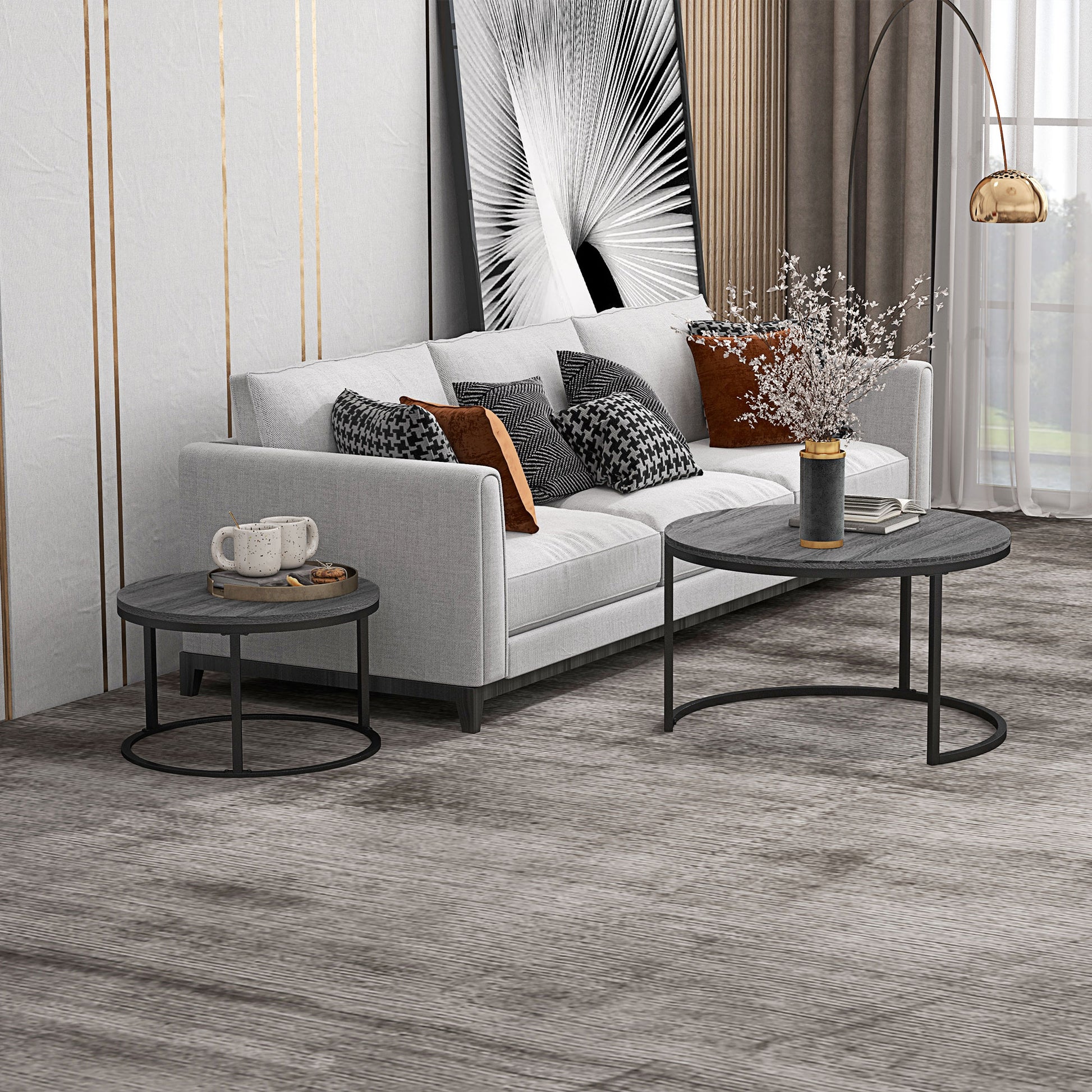 Industrial Nesting Coffee Table Set of 2, Round Coffee Tables, Living Room Table with Wood Effect Top and Steel Frame | HOMCOM-8