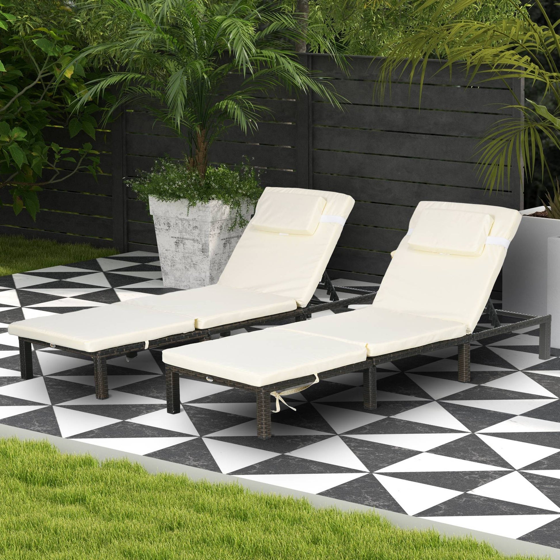 Outsunny Rattan Sun Loungers Set of 2 with 5-Level Adjustable Backrest, Wicker Lounge Chairs with Padded Cushion and Headrest for Outdoor, Poolside, Garden, Cream White-8