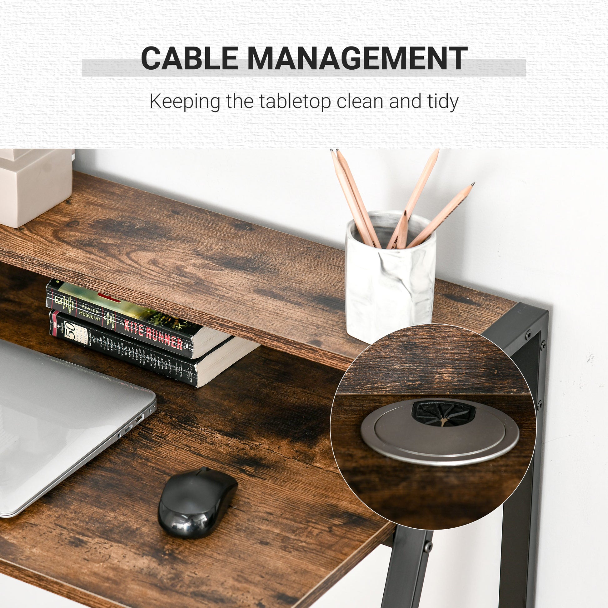 Writing Desk with Storage Shelf and Metal frame, Computer Table, Home Office PC Laptop Workstation in Rustic Brown | HOMCOM-4