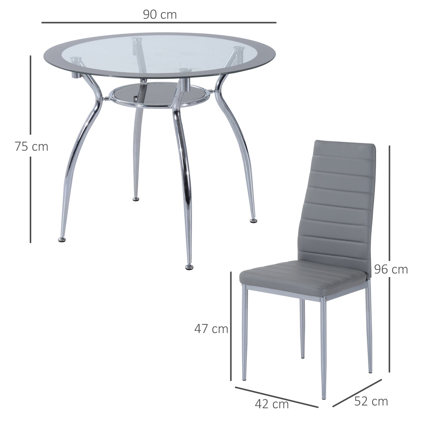 Round Dining Table Set for 4, Table Set with Padded Chairs and Glass-Top Table, Round Kitchen Table and Chairs, Grey | HOMCOM-1