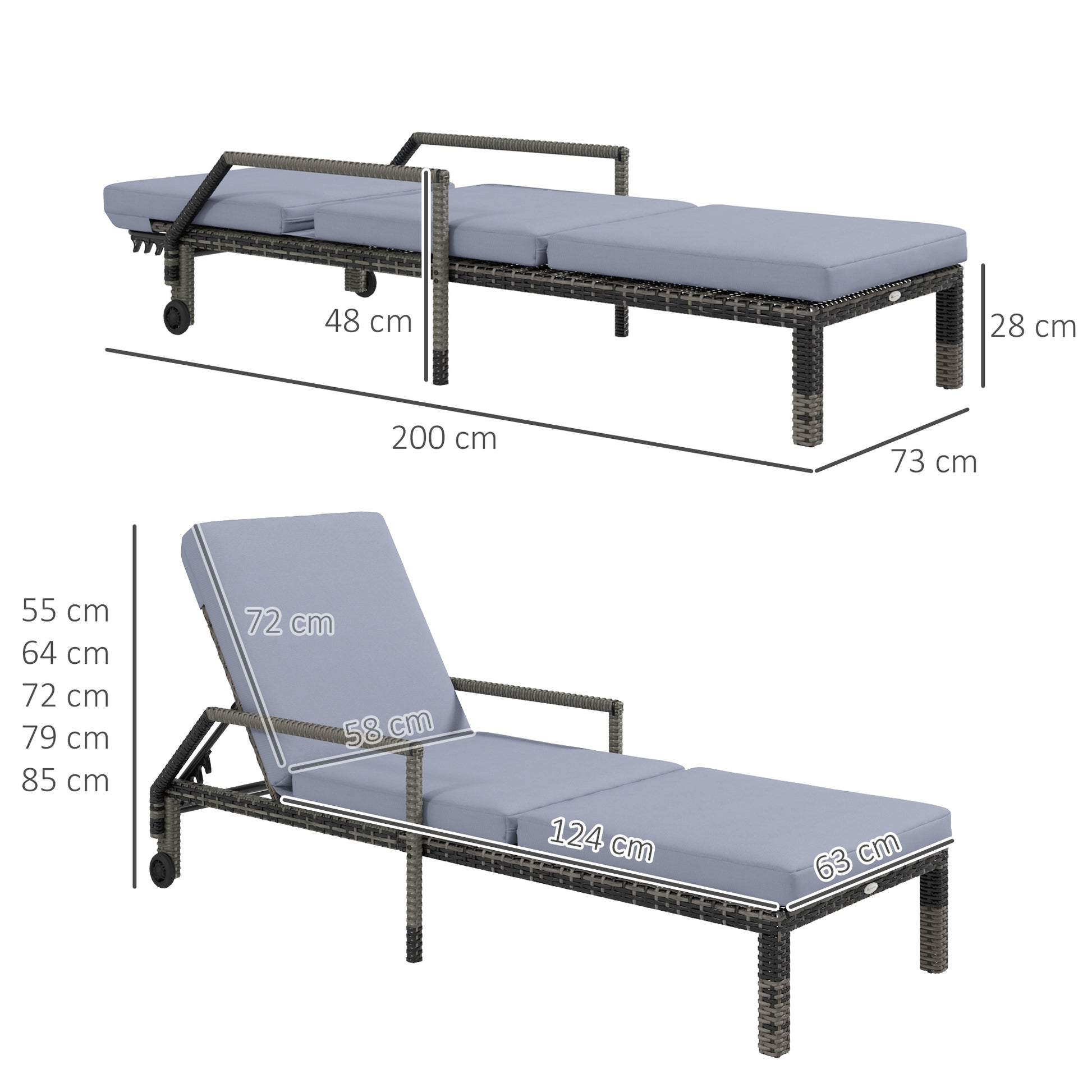 Outsunny Outdoor PE Rattan Sun Lounger Set of 2, Wicker Chaise Recliner Garden Chair with 5-Level Adjustable Backrest and 2 Wheels, Dark Grey-1