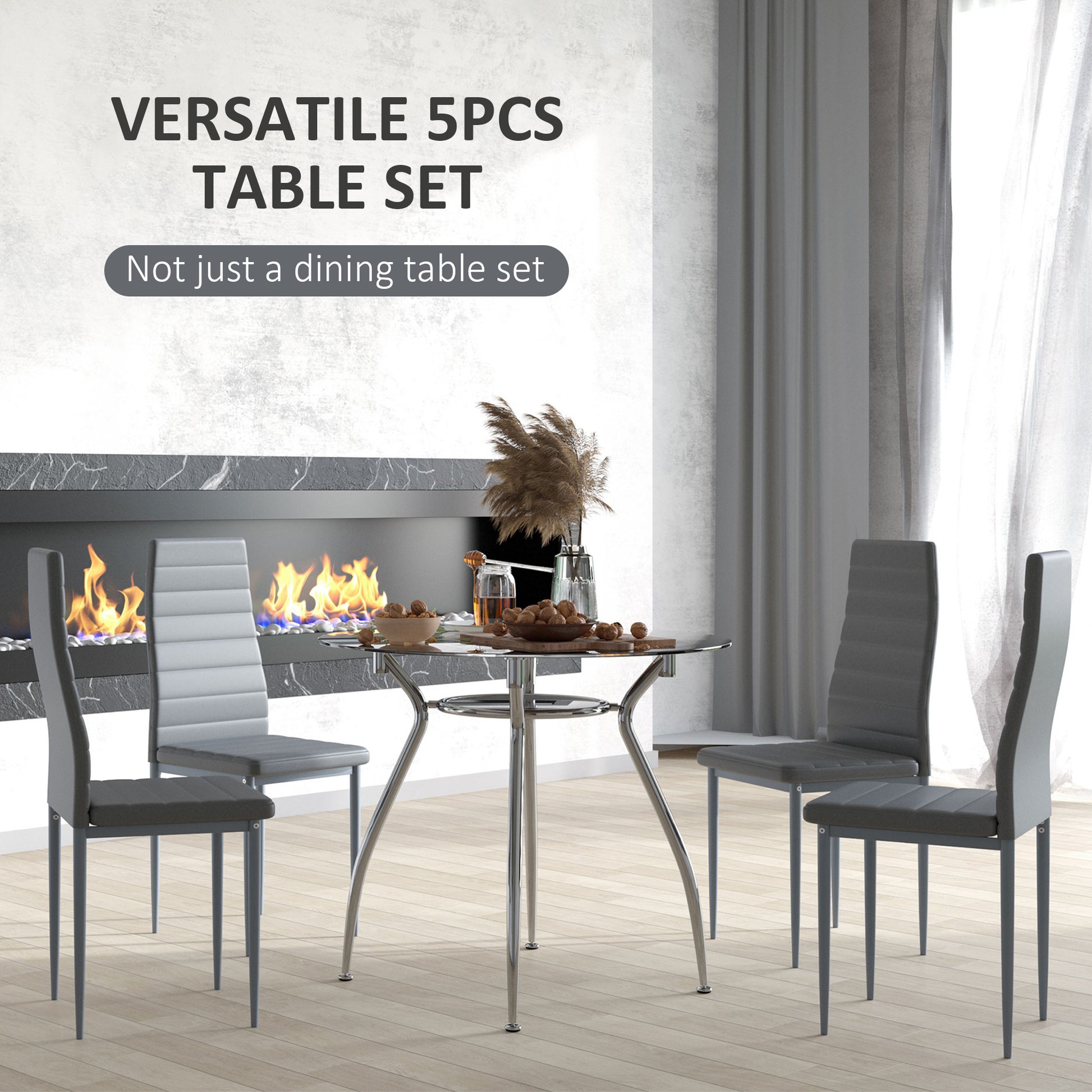 Round Dining Table Set for 4, Table Set with Padded Chairs and Glass-Top Table, Round Kitchen Table and Chairs, Grey | HOMCOM-2