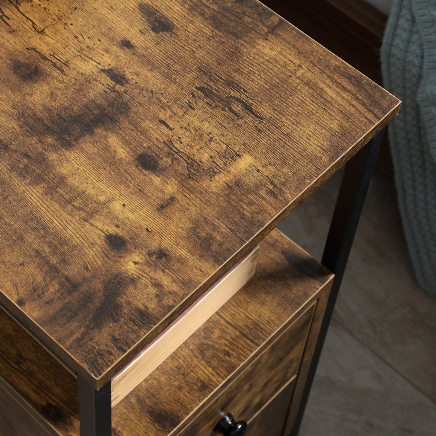 HOMCOM Set of 2 Side Table, Narrow Bedside Table with 2 Drawers and Storage Shelf, Industrial End Table with Metal Frame for Small Spaces in Rustic Brown-7