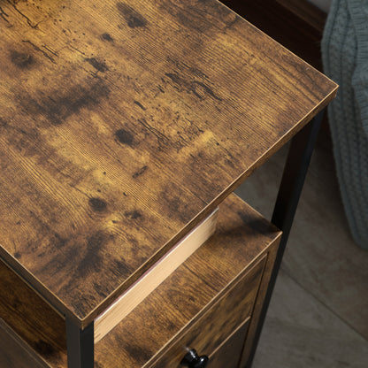 HOMCOM Set of 2 Side Table, Narrow Bedside Table with 2 Drawers and Storage Shelf, Industrial End Table with Metal Frame for Small Spaces in Rustic Brown-7