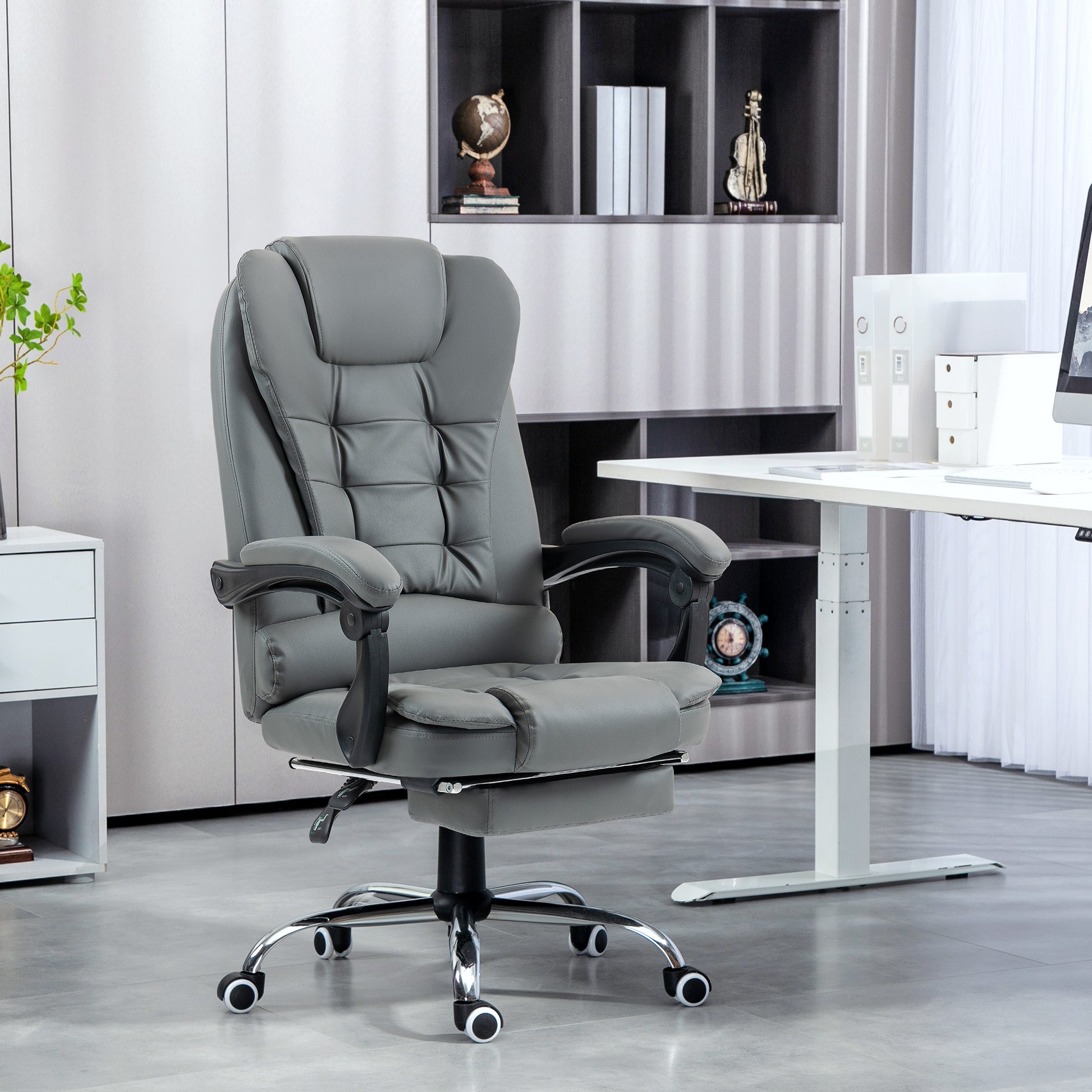 HOMCOM Executive Leather Office Chair, PU Home Office Chair with Swivel Wheels, Reclining Backrest, Retractable Footrest in Grey-8