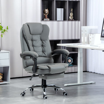HOMCOM Executive Leather Office Chair, PU Home Office Chair with Swivel Wheels, Reclining Backrest, Retractable Footrest in Grey-8