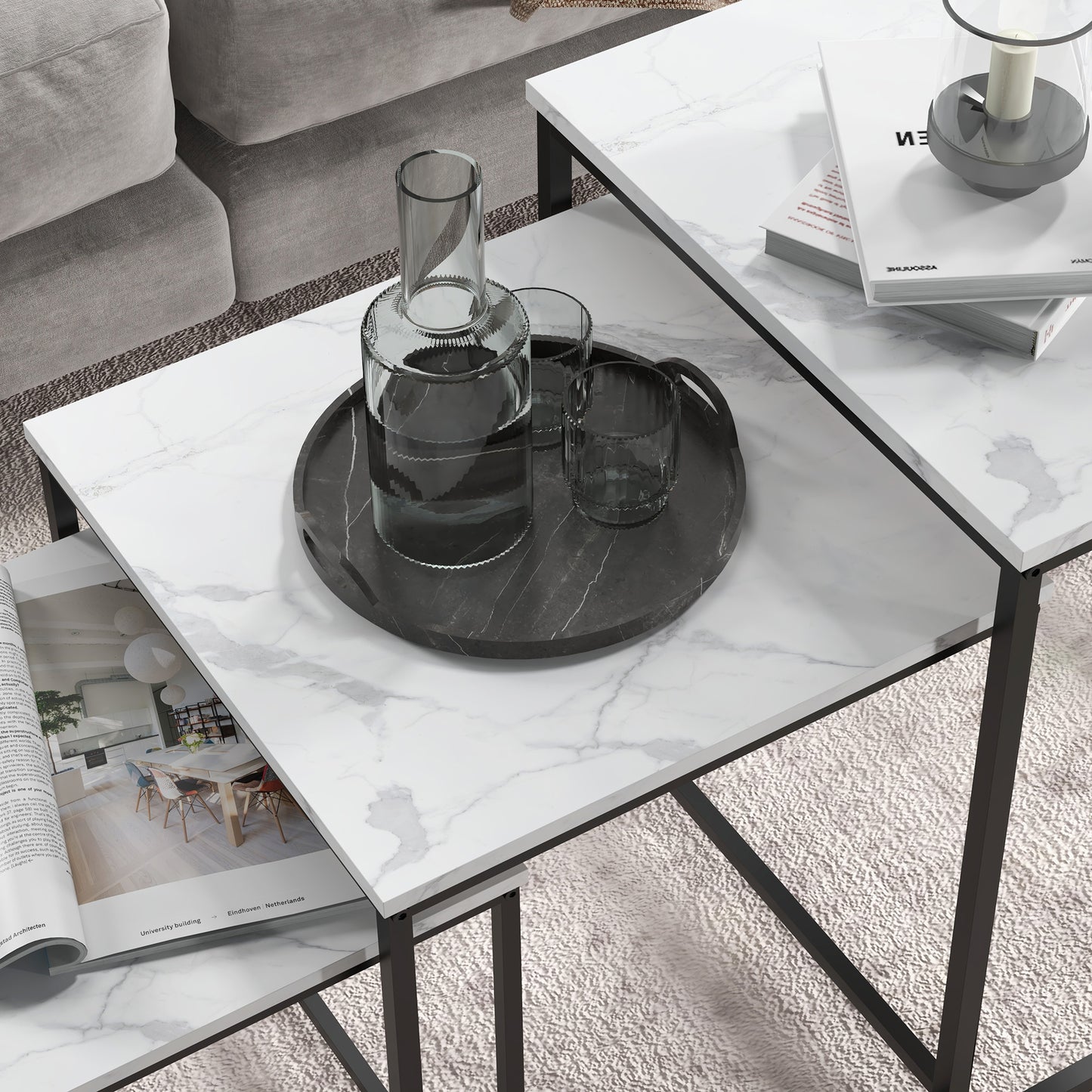 HOMCOM Nesting Tables Set of 3, Side End Table with Faux Marble Effect Top and Steel Legs for Living Room, Bedroom in White-6