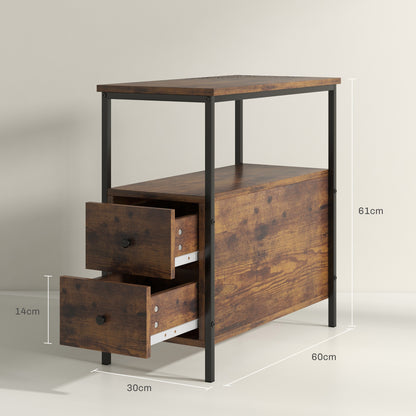 HOMCOM Set of 2 Side Table, Narrow Bedside Table with 2 Drawers and Storage Shelf, Industrial End Table with Metal Frame for Small Spaces in Rustic Brown-1