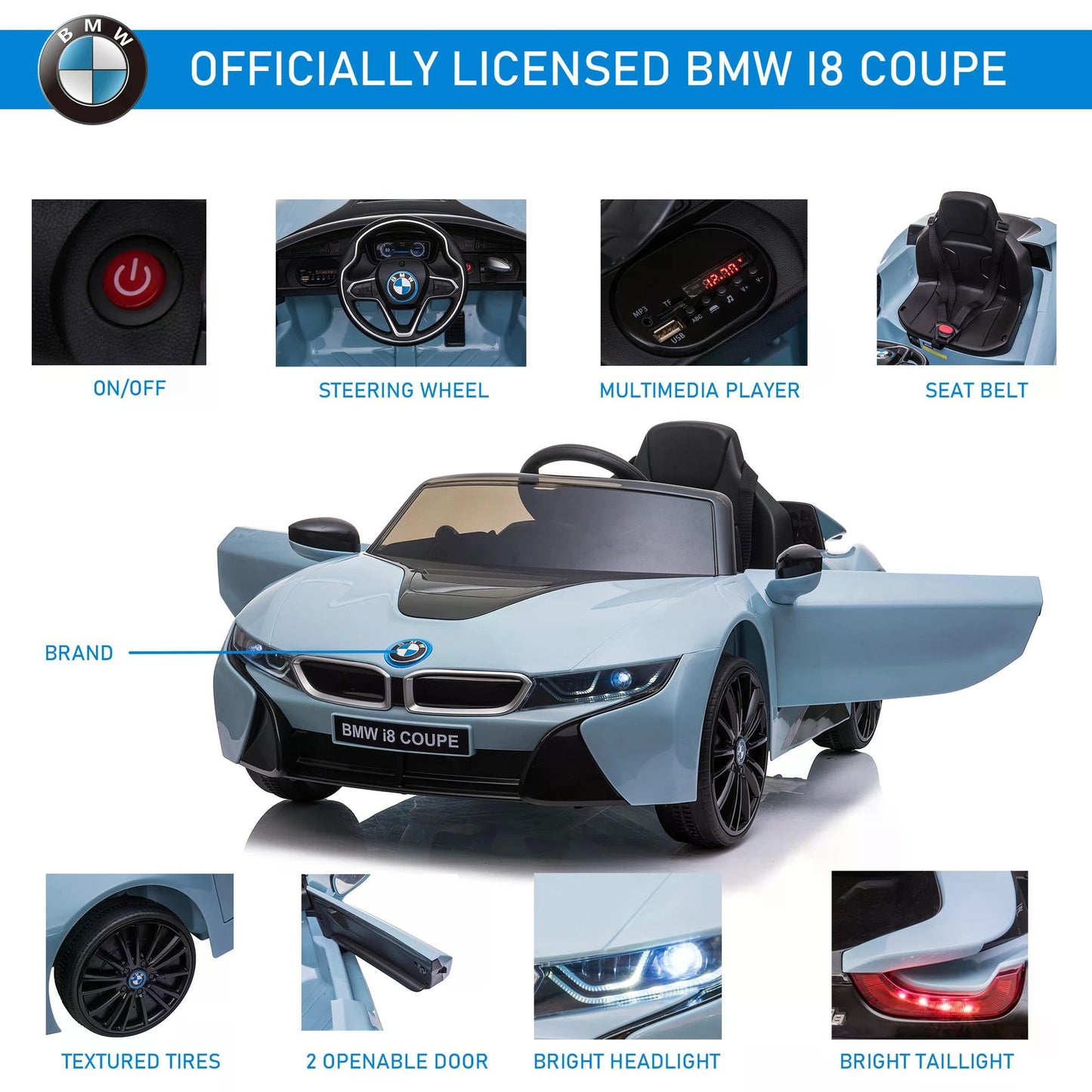 BMW I8 Coupe Licensed 6V Ride On Car Toy with Remote Control, Powered Electric Car, Music, Horn, for 3-8 Years, Blue-3