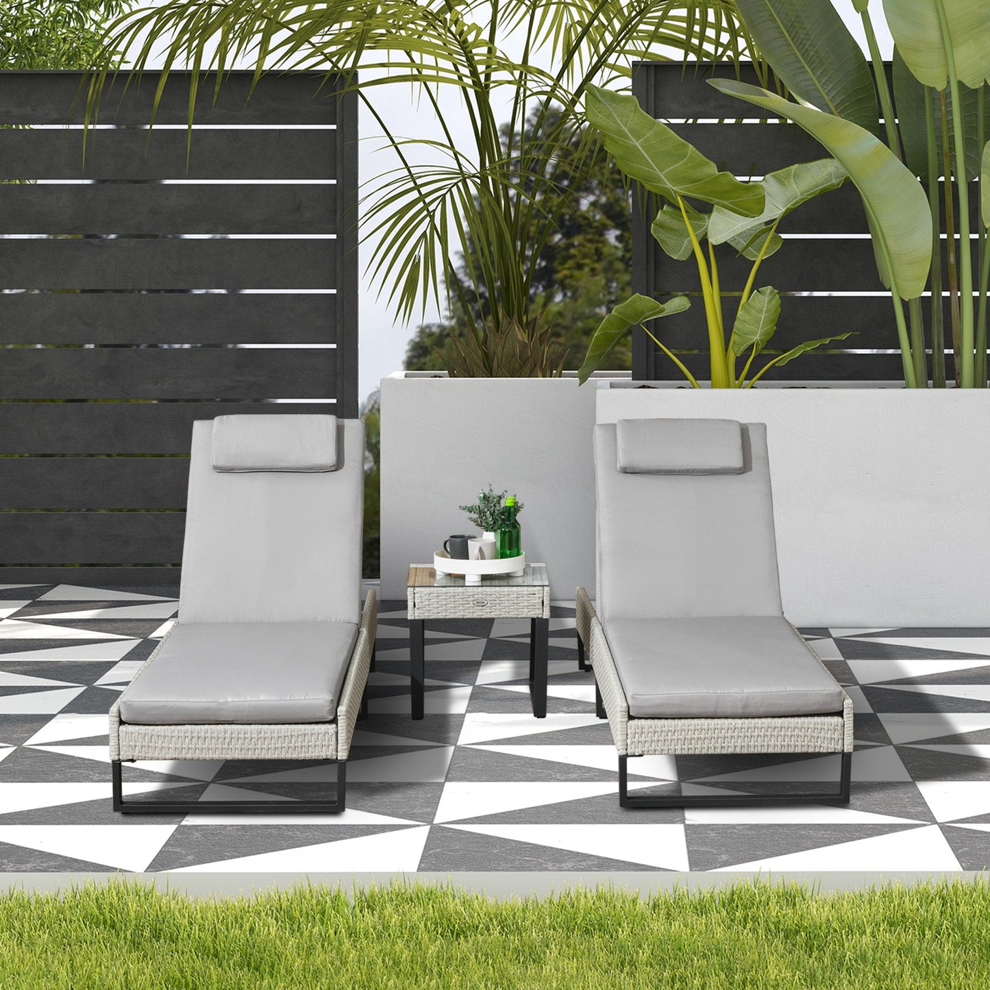 3 piece PE Rattan Sun Lounger Set with Adjustable 5-Position Recliner, Patio Chaise Lounge Chair Set with Cushions, Headrests, Glass Top Square Coffee Table, Light Grey by Outsunny-8