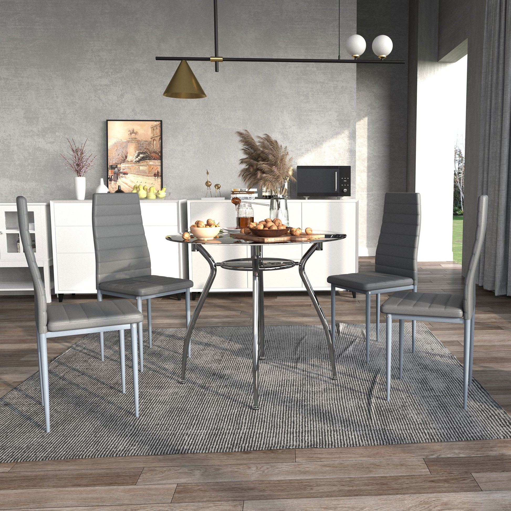Round Dining Table Set for 4, Table Set with Padded Chairs and Glass-Top Table, Round Kitchen Table and Chairs, Grey | HOMCOM-8