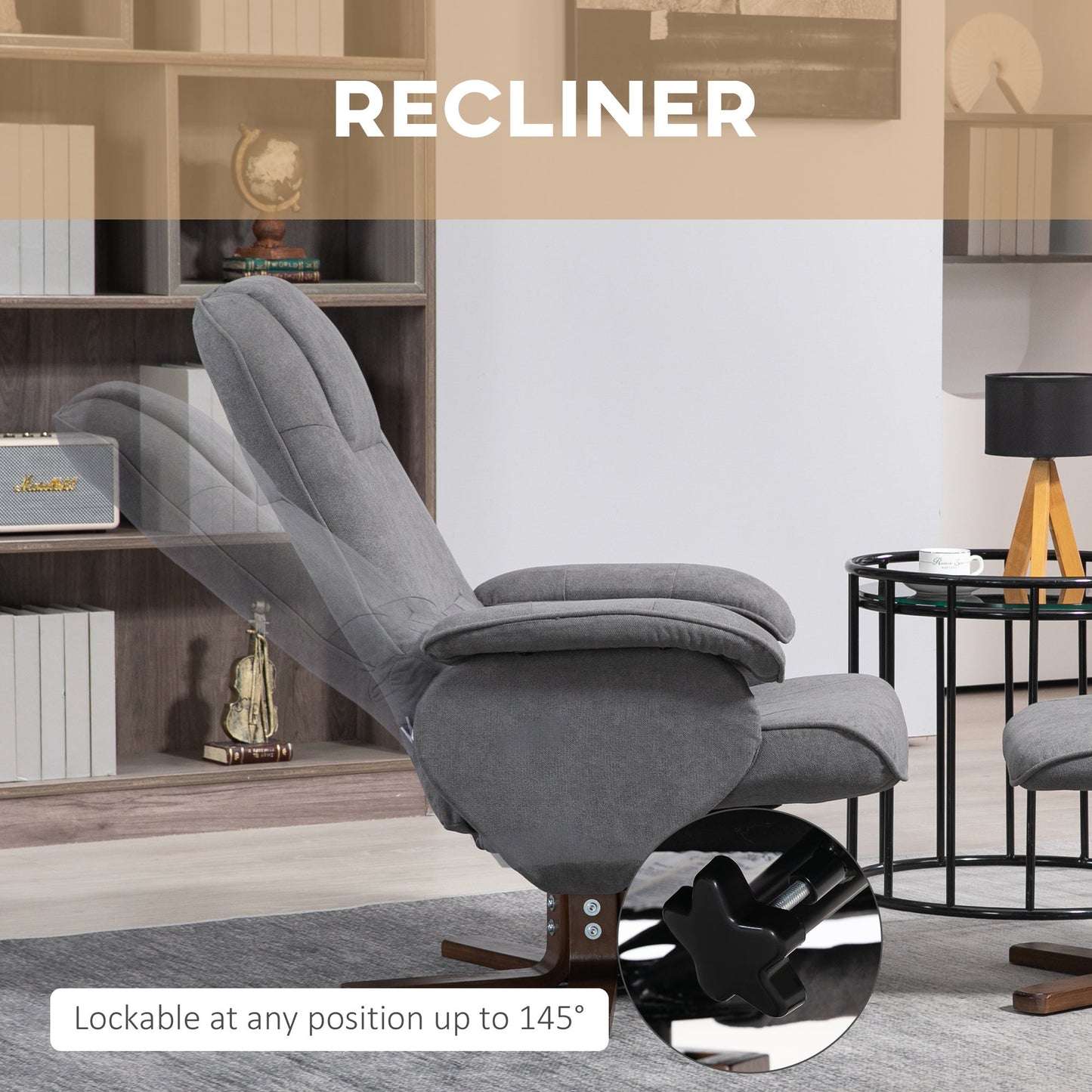 Linen Swivel Recliner Chair with Footstool, Upholstered Reclining Armchair with Wooden Base for Living Room, Grey-3