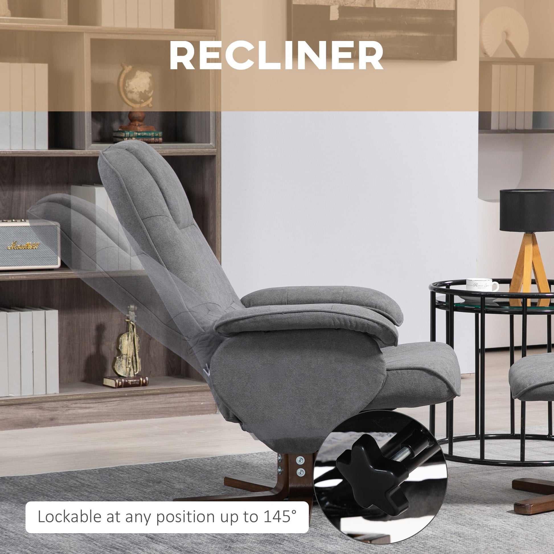 Linen Swivel Recliner Chair with Footstool, Upholstered Reclining Armchair with Wooden Base for Living Room, Grey-3