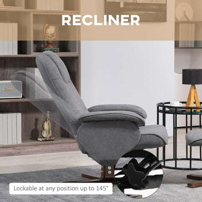 Linen Swivel Recliner Chair with Footstool, Upholstered Reclining Armchair with Wooden Base for Living Room, Grey-3