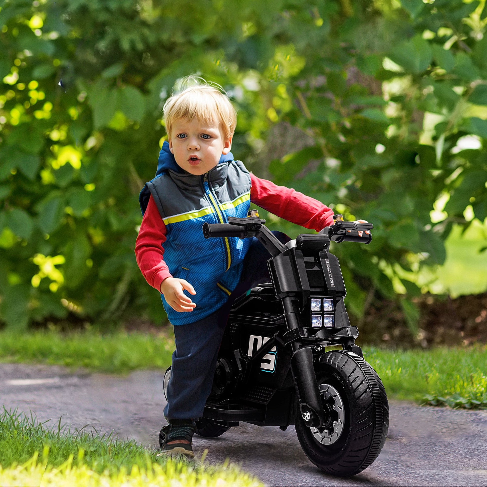 Kids Electric Motorbike with Siren, Horn, Headlights, Music, Training Wheels, for Ages 3-5 Years - Black-1