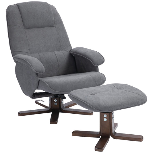 Linen Swivel Recliner Chair with Footstool, Upholstered Reclining Armchair with Wooden Base for Living Room, Grey-0