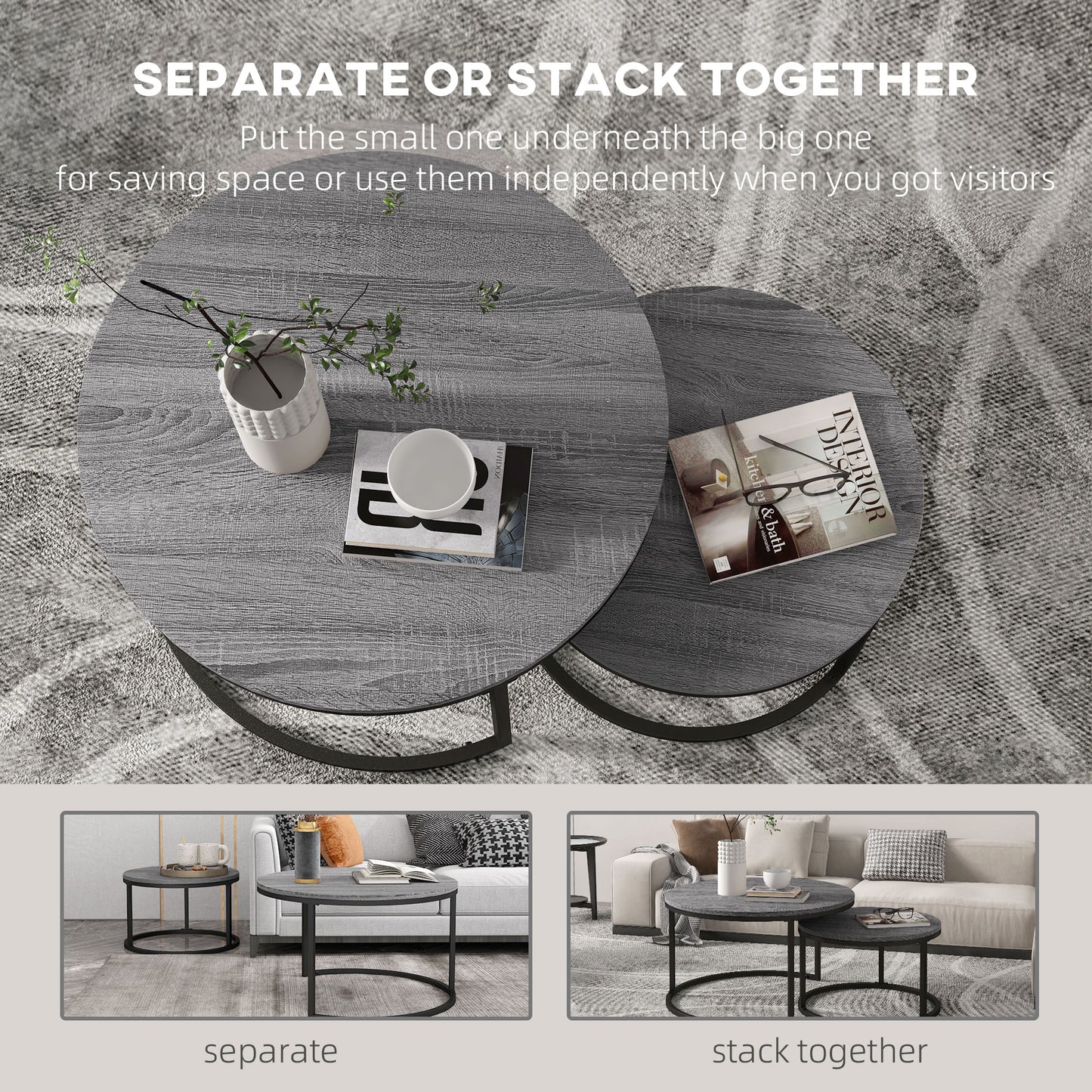 Industrial Nesting Coffee Table Set of 2, Round Coffee Tables, Living Room Table with Wood Effect Top and Steel Frame | HOMCOM-3