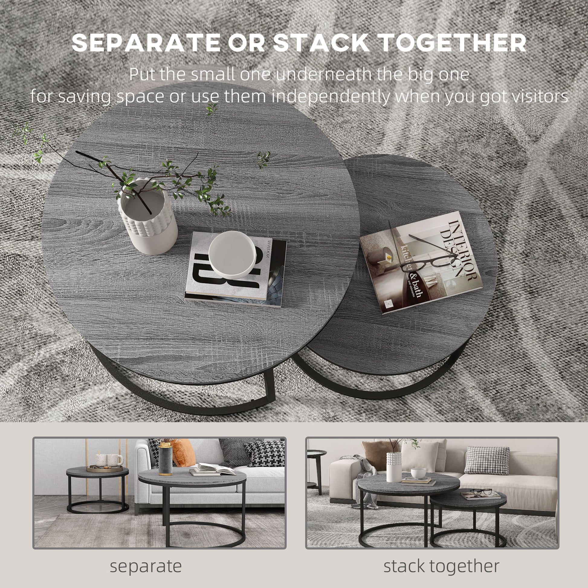 Industrial Nesting Coffee Table Set of 2, Round Coffee Tables, Living Room Table with Wood Effect Top and Steel Frame | HOMCOM-3