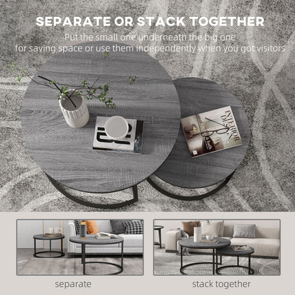 Industrial Nesting Coffee Table Set of 2, Round Coffee Tables, Living Room Table with Wood Effect Top and Steel Frame | HOMCOM-3