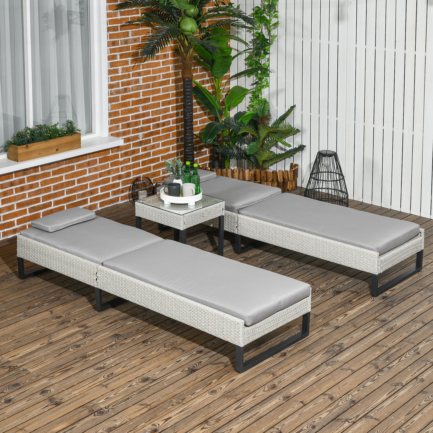 3 piece PE Rattan Sun Lounger Set with Adjustable 5-Position Recliner, Patio Chaise Lounge Chair Set with Cushions, Headrests, Glass Top Square Coffee Table, Light Grey by Outsunny-6