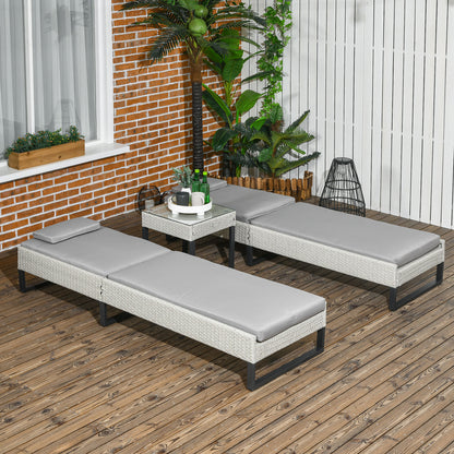 3 piece PE Rattan Sun Lounger Set with Adjustable 5-Position Recliner, Patio Chaise Lounge Chair Set with Cushions, Headrests, Glass Top Square Coffee Table, Light Grey by Outsunny-6