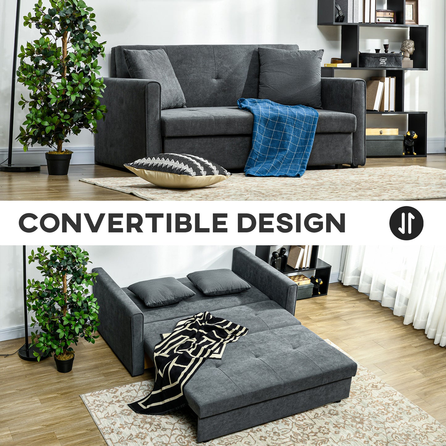 2 Seater Sofa Bed, Convertible Bed Settee, Modern Fabric Loveseat Sofa Couch with 2 Cushions, Hidden Storage for Guest Room, Dark Grey by HOMCOM-2