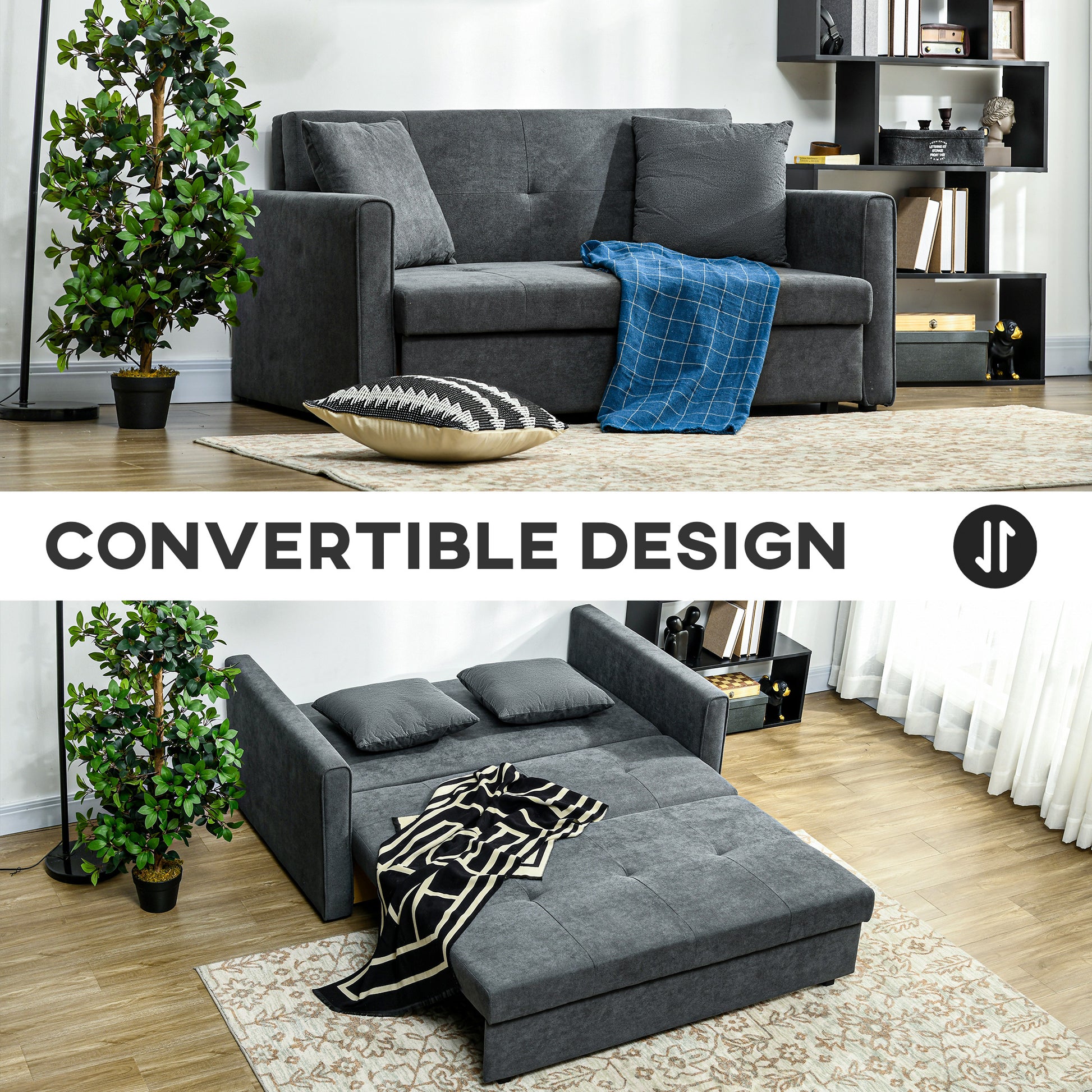 2 Seater Sofa Bed, Convertible Bed Settee, Modern Fabric Loveseat Sofa Couch with 2 Cushions, Hidden Storage for Guest Room, Dark Grey by HOMCOM-2