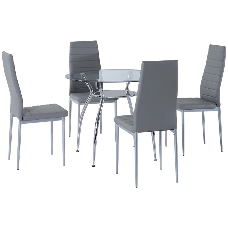 Round Dining Table Set for 4, Table Set with Padded Chairs and Glass-Top Table, Round Kitchen Table and Chairs, Grey | HOMCOM-0