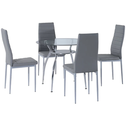 Round Dining Table Set for 4, Table Set with Padded Chairs and Glass-Top Table, Round Kitchen Table and Chairs, Grey | HOMCOM-0