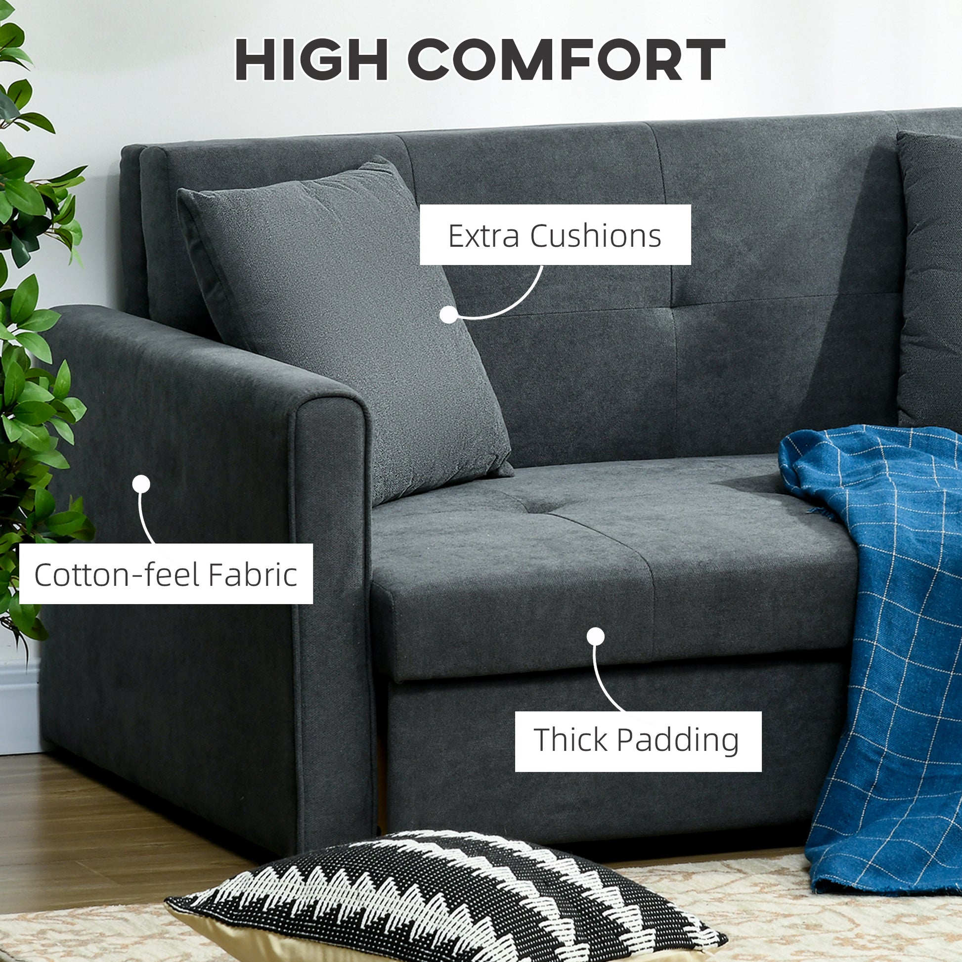 2 Seater Sofa Bed, Convertible Bed Settee, Modern Fabric Loveseat Sofa Couch with 2 Cushions, Hidden Storage for Guest Room, Dark Grey by HOMCOM-4