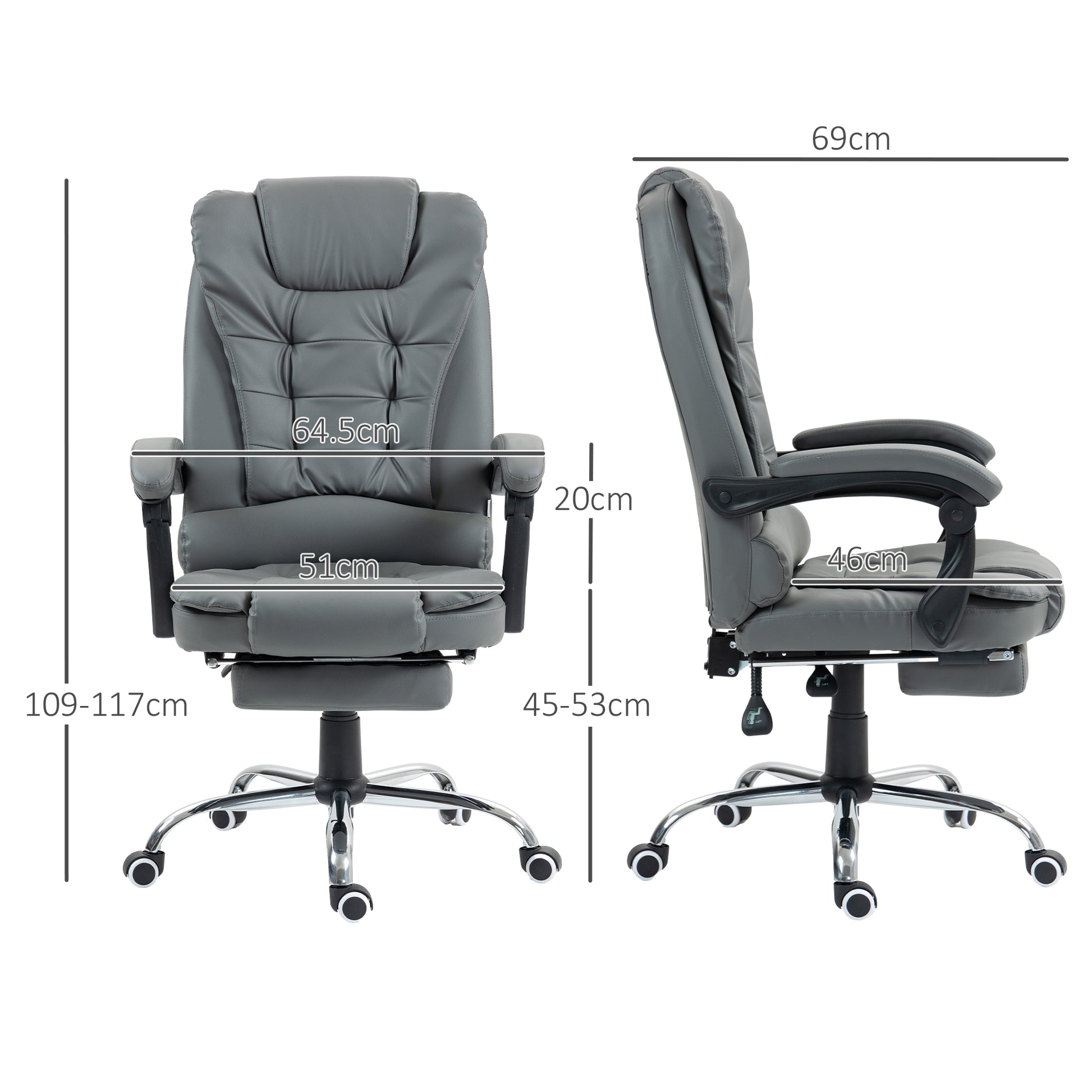 HOMCOM Executive Leather Office Chair, PU Home Office Chair with Swivel Wheels, Reclining Backrest, Retractable Footrest in Grey-1