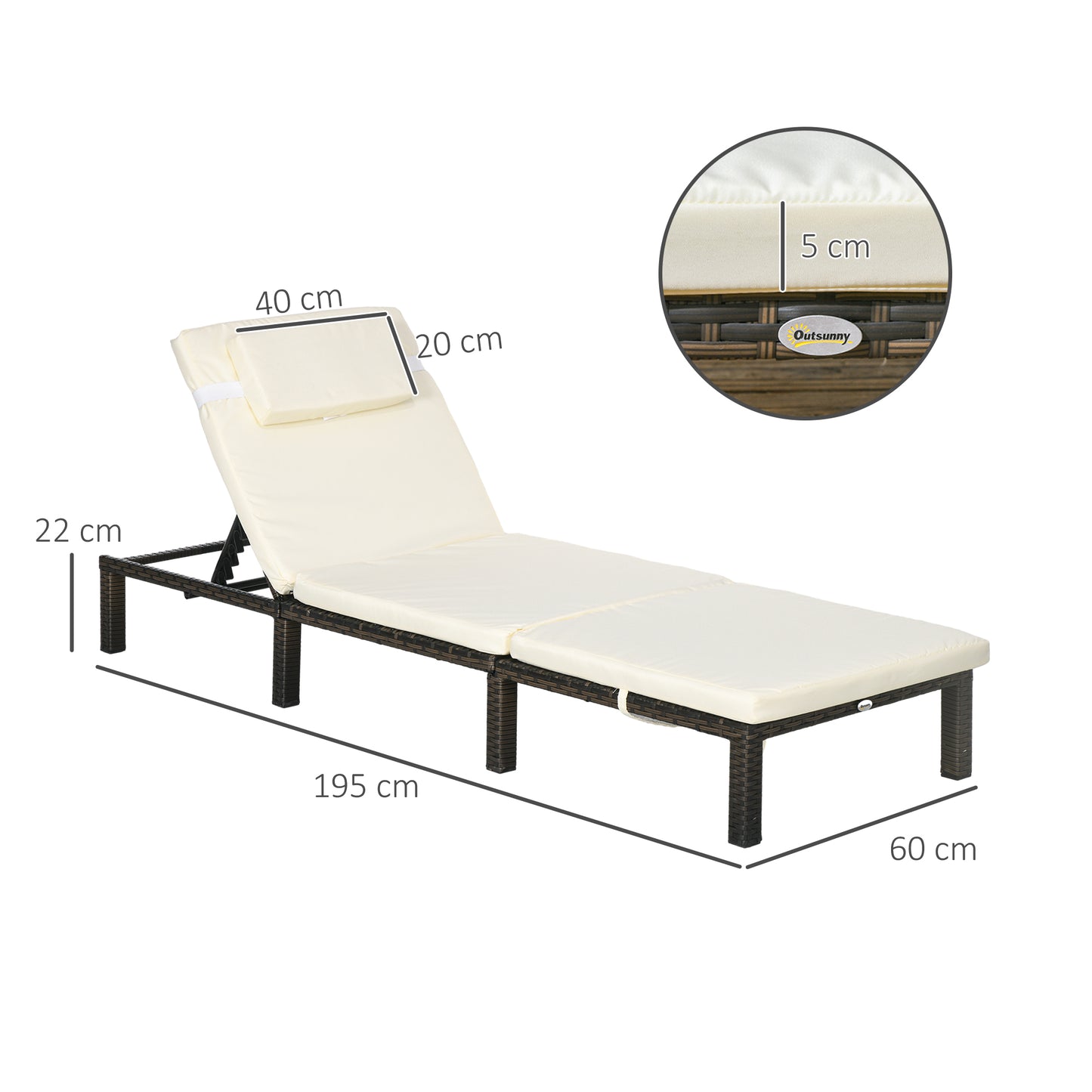Outsunny Rattan Sun Loungers Set of 2 with 5-Level Adjustable Backrest, Wicker Lounge Chairs with Padded Cushion and Headrest for Outdoor, Poolside, Garden, Cream White-1