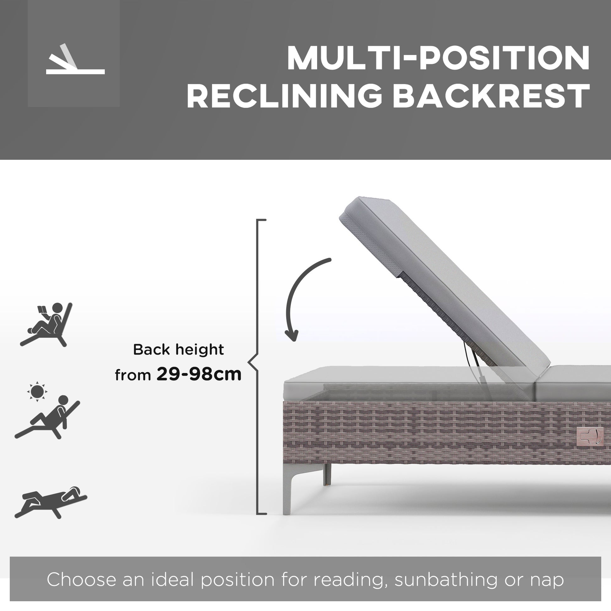Set of 2 Sun Loungers by Outsunny Outdoor PE Rattan in Light Grey-2