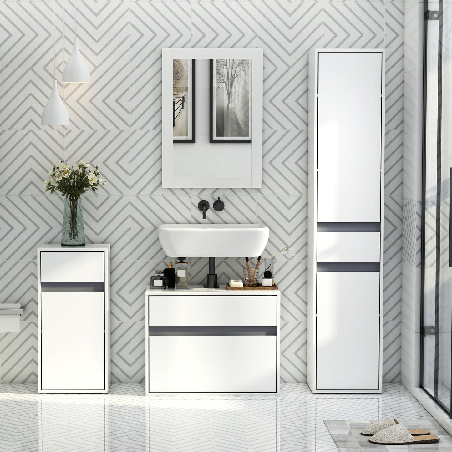 Modern Minimalistic Bathroom Storage Cabinet w/ Drawer Cupboard Adjustable Shelf Door Home Organiser Sleek Beautiful Freestanding Compact White-1