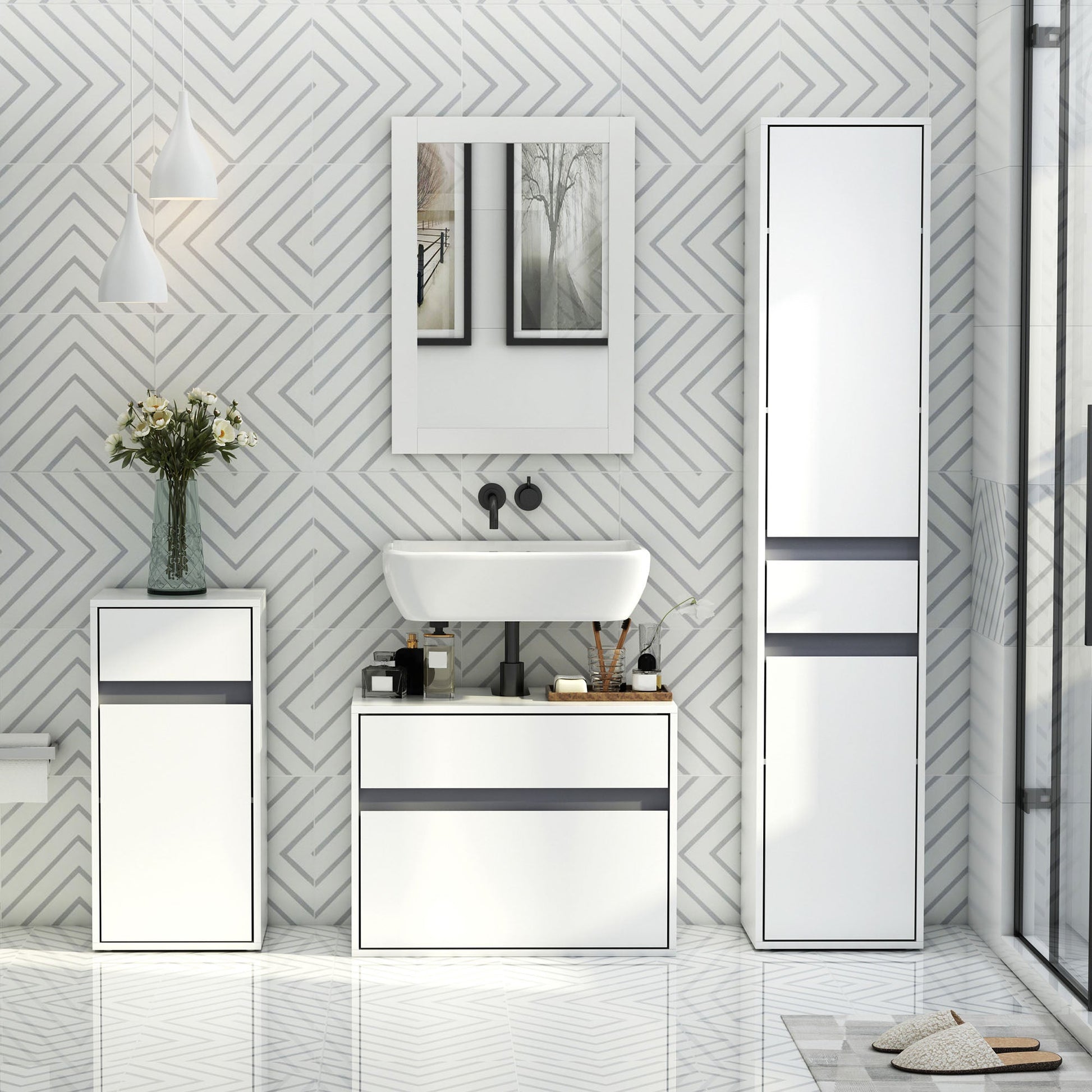 Modern Minimalistic Bathroom Storage Cabinet w/ Drawer Cupboard Adjustable Shelf Door Home Organiser Sleek Beautiful Freestanding Compact White-1