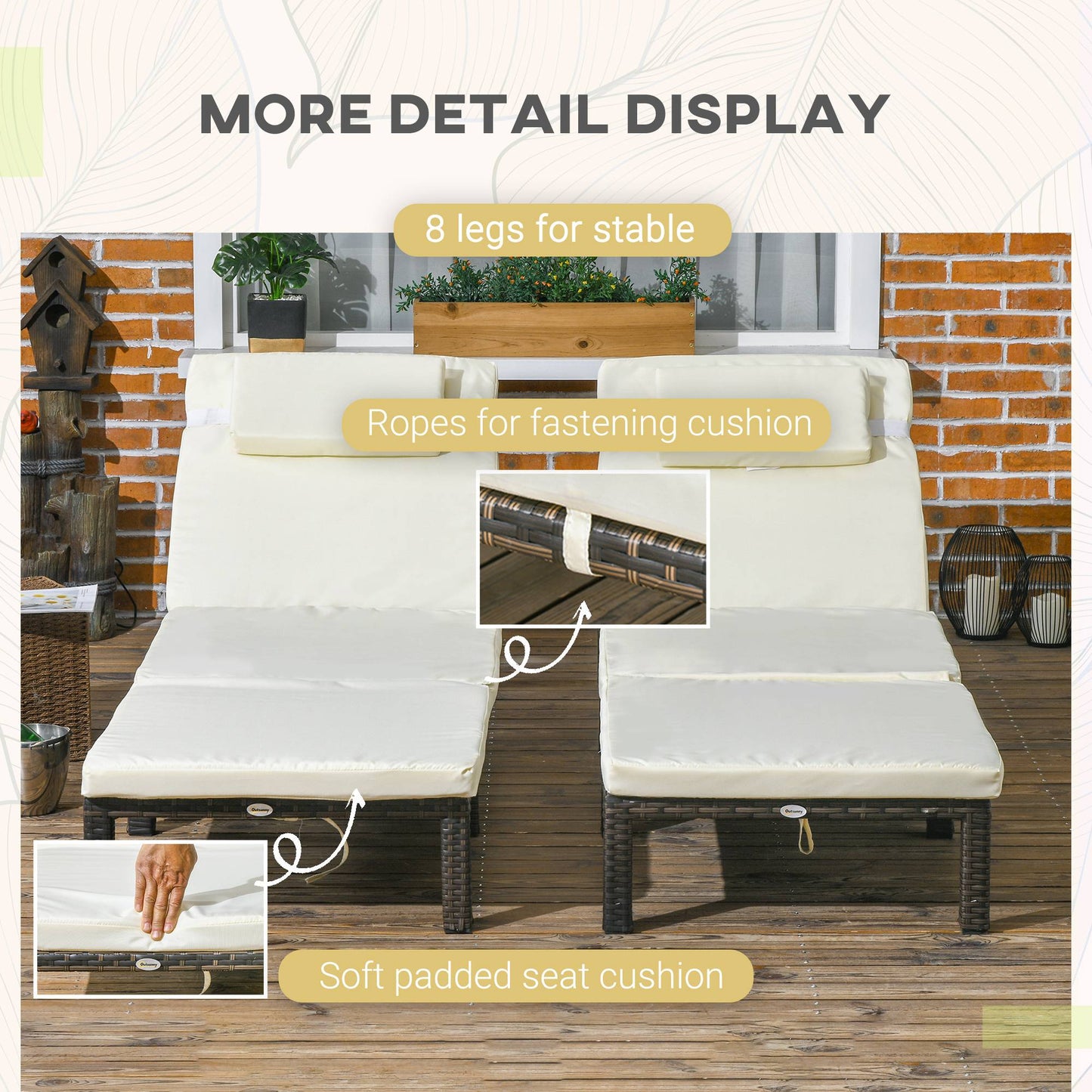 Outsunny Rattan Sun Loungers Set of 2 with 5-Level Adjustable Backrest, Wicker Lounge Chairs with Padded Cushion and Headrest for Outdoor, Poolside, Garden, Cream White-4