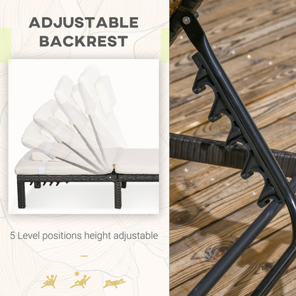 Outsunny Rattan Sun Loungers Set of 2 with 5-Level Adjustable Backrest, Wicker Lounge Chairs with Padded Cushion and Headrest for Outdoor, Poolside, Garden, Cream White-2