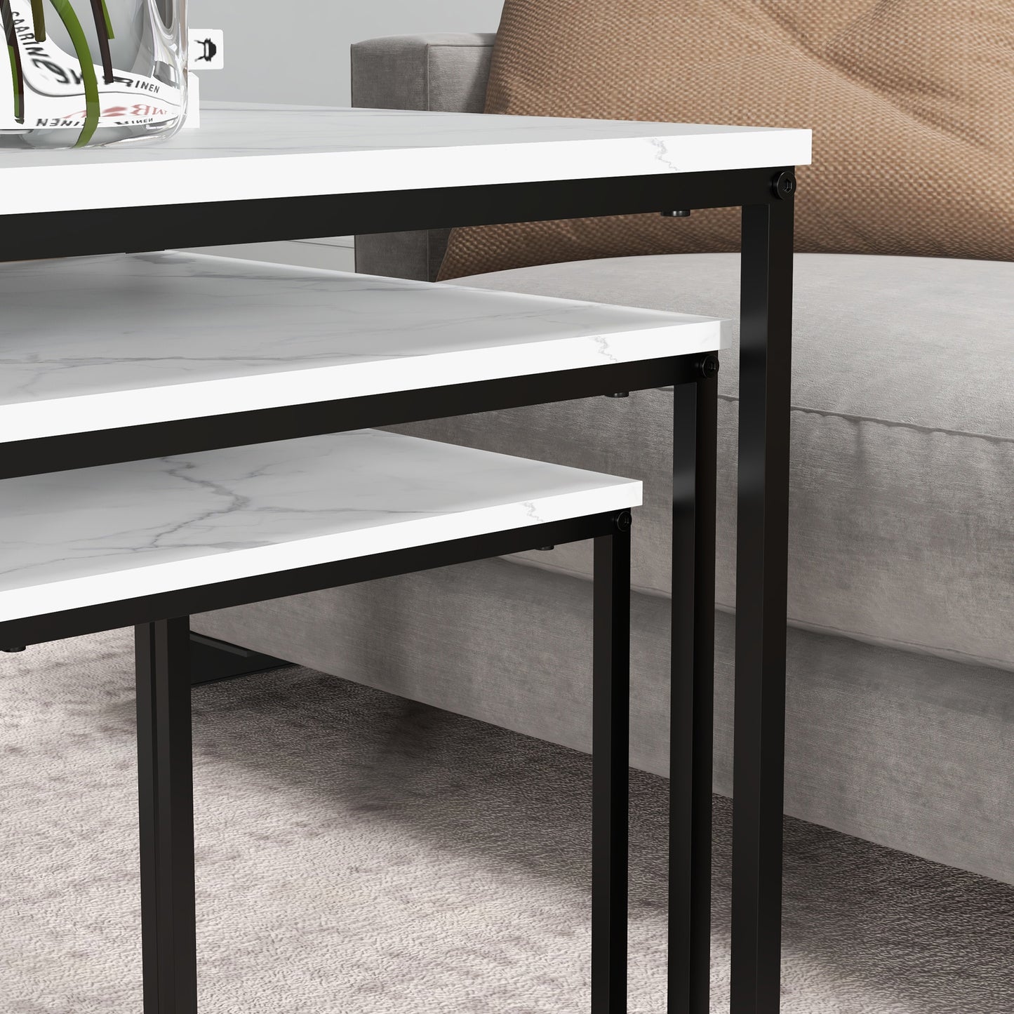 HOMCOM Nesting Tables Set of 3, Side End Table with Faux Marble Effect Top and Steel Legs for Living Room, Bedroom in White-7