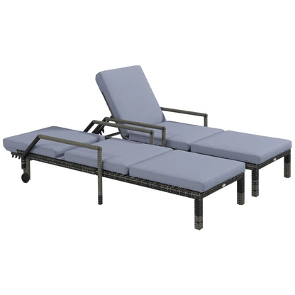 Outsunny Outdoor PE Rattan Sun Lounger Set of 2, Wicker Chaise Recliner Garden Chair with 5-Level Adjustable Backrest and 2 Wheels, Dark Grey-0