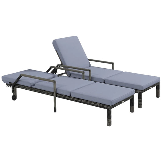 Outsunny Outdoor PE Rattan Sun Lounger Set of 2, Wicker Chaise Recliner Garden Chair with 5-Level Adjustable Backrest and 2 Wheels, Dark Grey-0