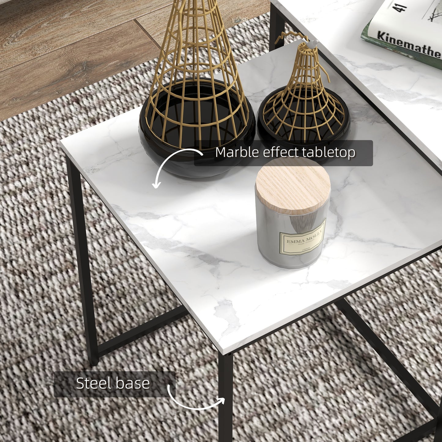 HOMCOM Nesting Tables Set of 3, Side End Table with Faux Marble Effect Top and Steel Legs for Living Room, Bedroom in White-3
