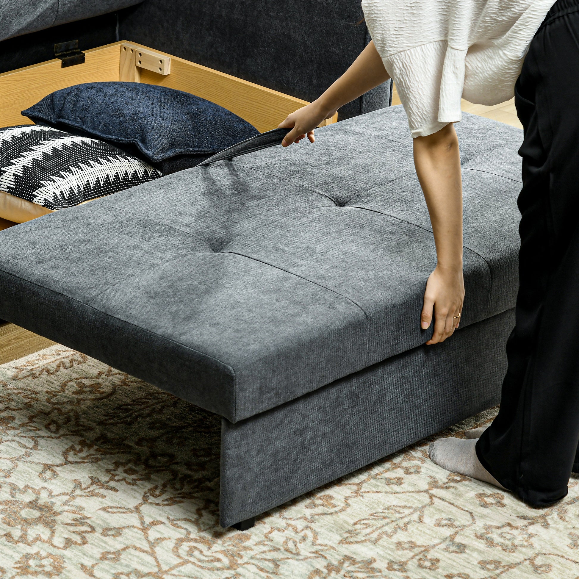 2 Seater Sofa Bed, Convertible Bed Settee, Modern Fabric Loveseat Sofa Couch with 2 Cushions, Hidden Storage for Guest Room, Dark Grey by HOMCOM-6