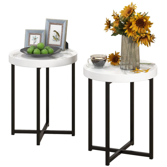 HOMCOM Set of 2 Round Side Table with Metal Legs, Modern End Table Bedside Table for Living Room, Bedroom in White-0