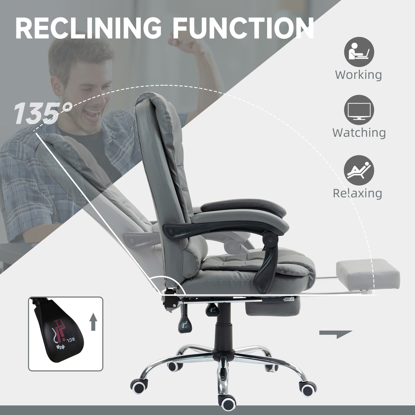 HOMCOM Executive Leather Office Chair, PU Home Office Chair with Swivel Wheels, Reclining Backrest, Retractable Footrest in Grey-3