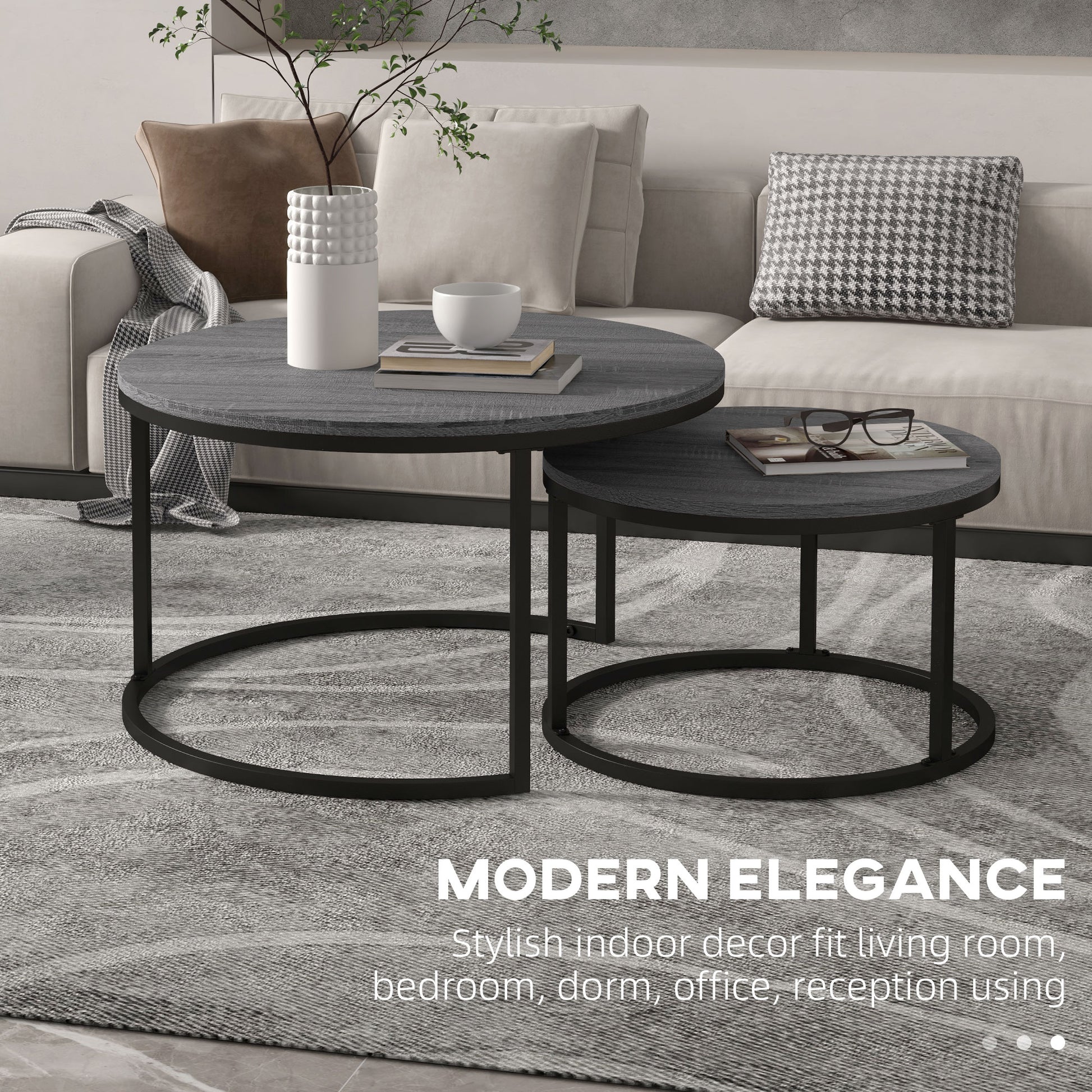 Industrial Nesting Coffee Table Set of 2, Round Coffee Tables, Living Room Table with Wood Effect Top and Steel Frame | HOMCOM-2