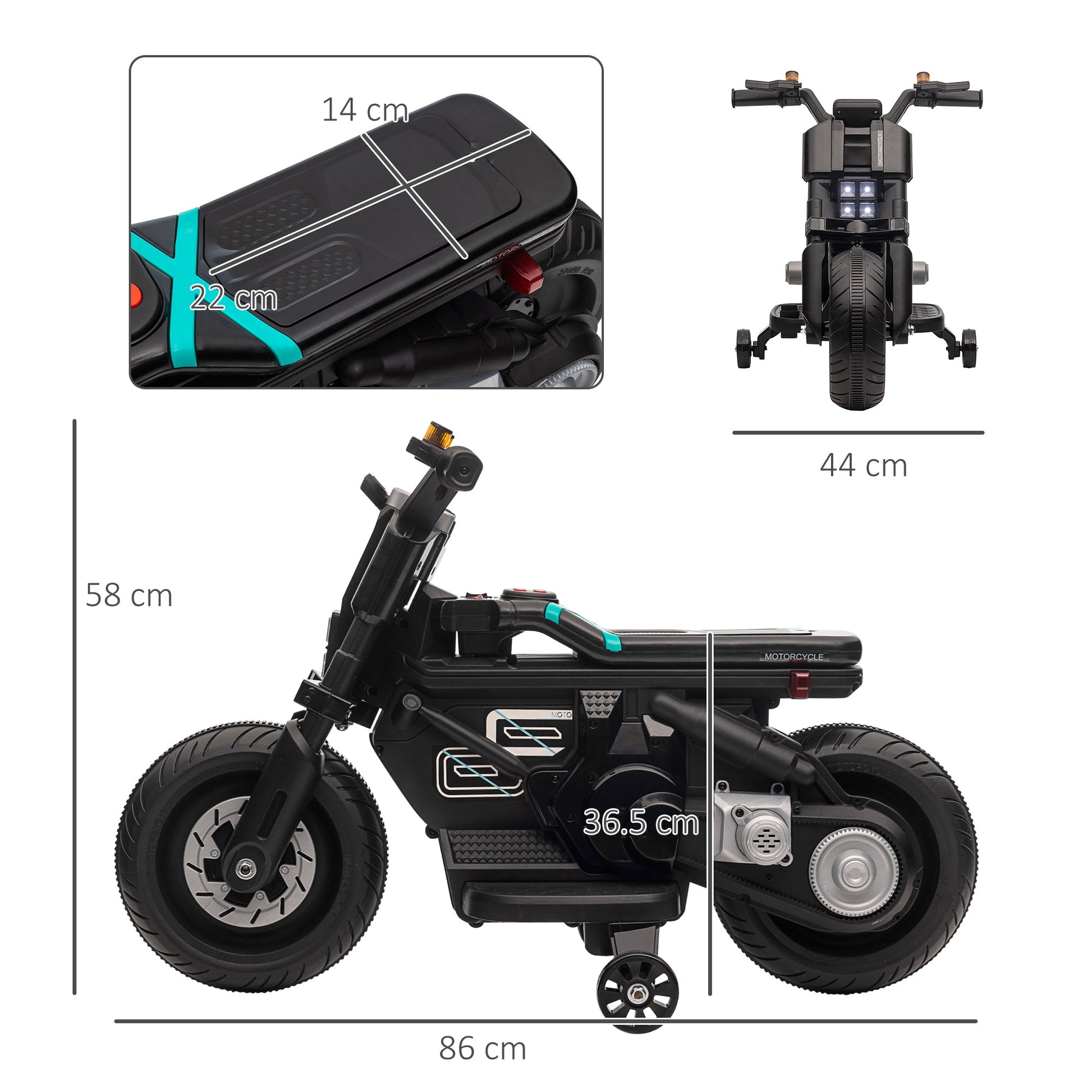 Kids Electric Motorbike with Siren, Horn, Headlights, Music, Training Wheels, for Ages 3-5 Years - Black-2