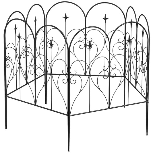 Set of 5 Metal Outdoor Picket Fence Panels with Heart Scrollwork - Black-0